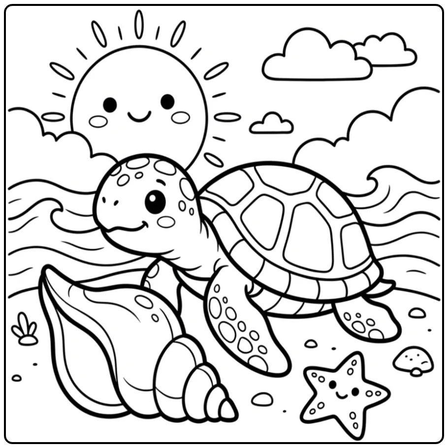 Een schattige kleurplaat schildpad makkelijk met een schelp.