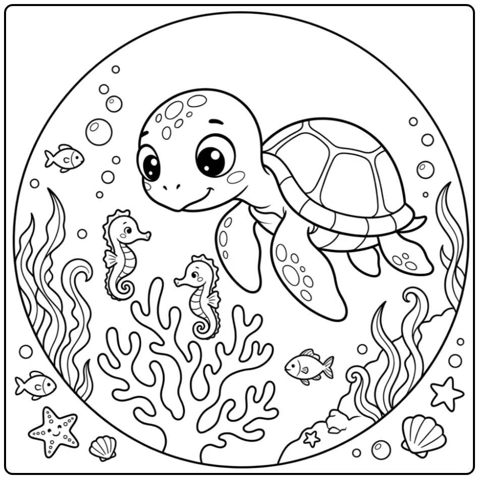 Onderwater kleurplaat schildpad kijkt naar zeepaardjes.