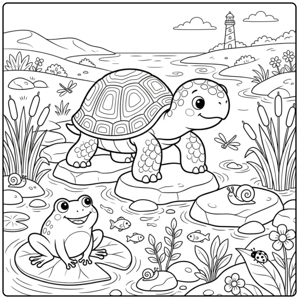 Leuke kleurplaat schildpad steekt beek over via stapstenen.