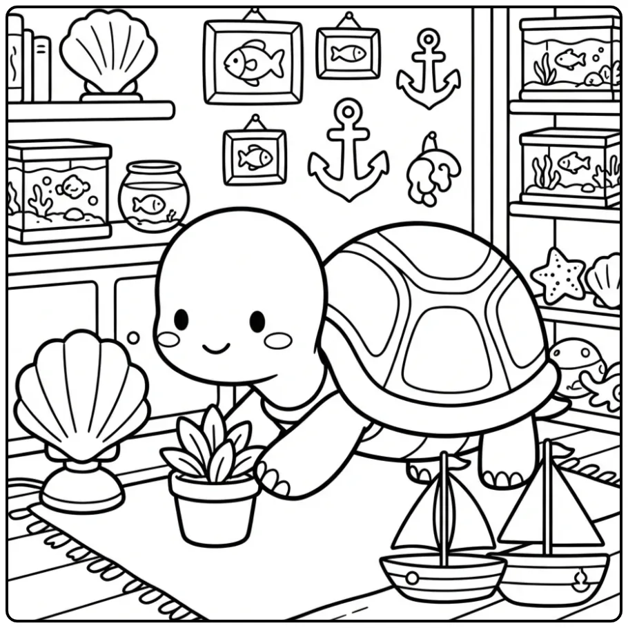 Schattige kleurplaat schildpad in een gezellige kamer.