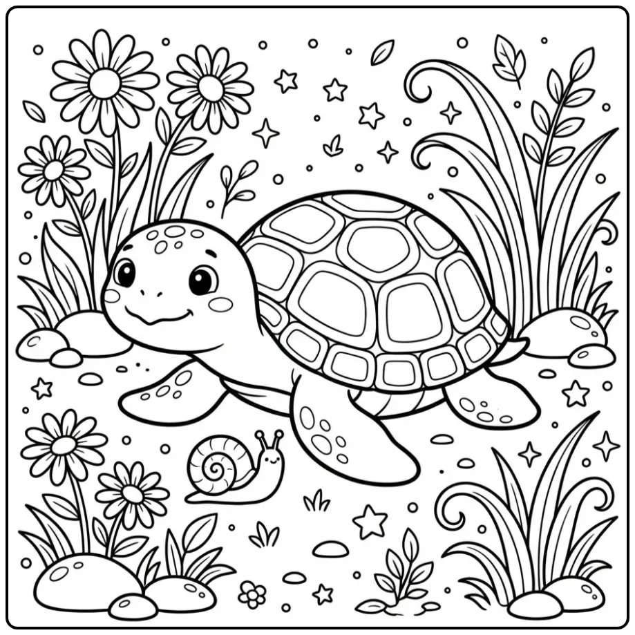 Een vrolijke kleurplaat schildpad schattig met een slakje.