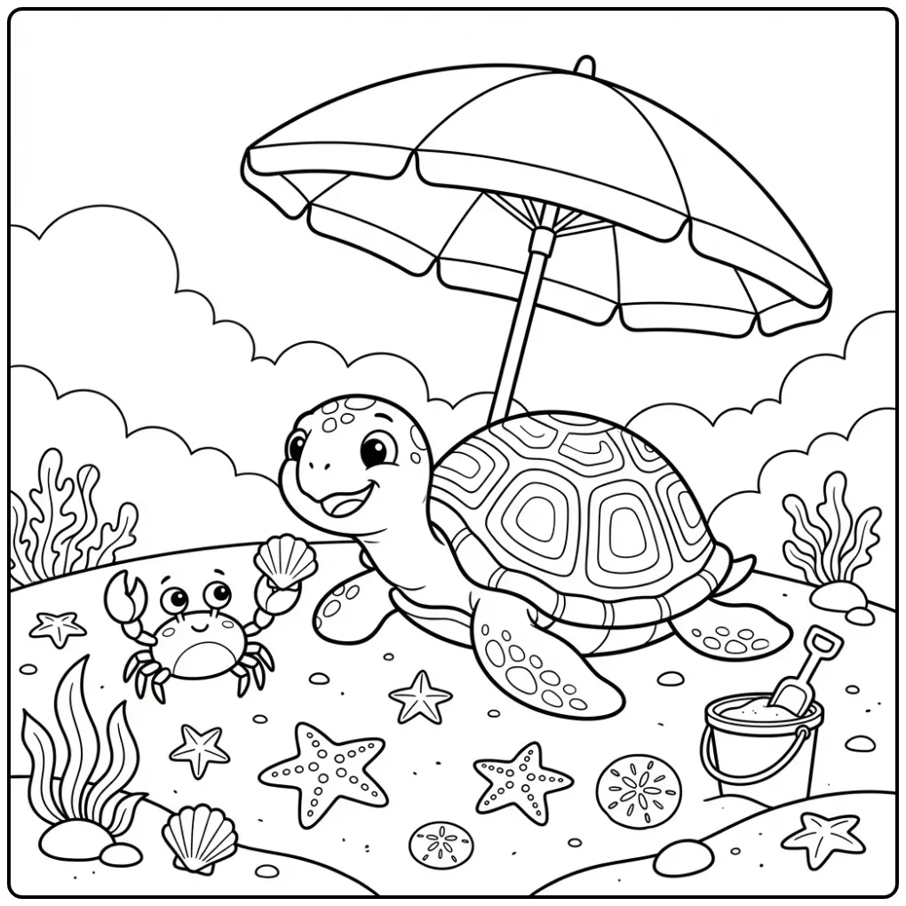 Een kleurplaat schildpad schattig onder een parasol.
