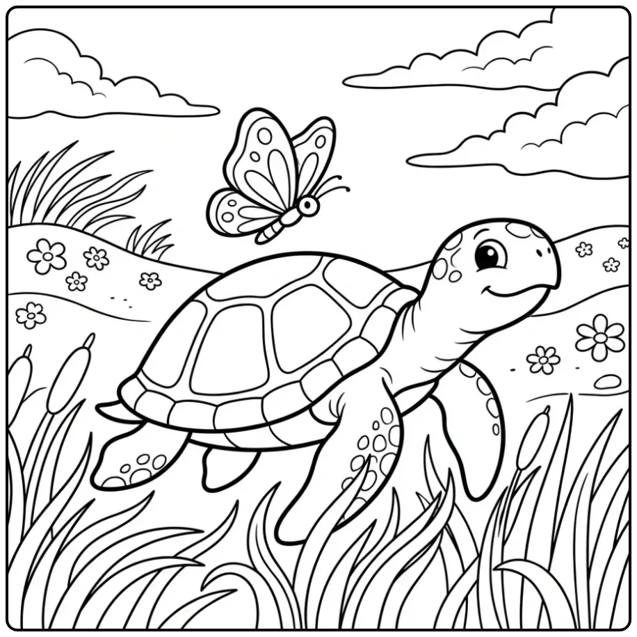 Schattige kleurplaat schildpad in de duinen met een vlinder.