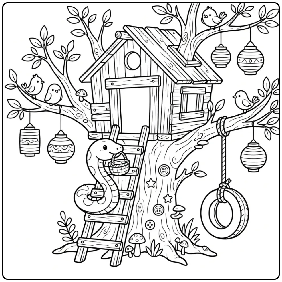 Schattige kleurplaat slang klimt met mandje op ladder