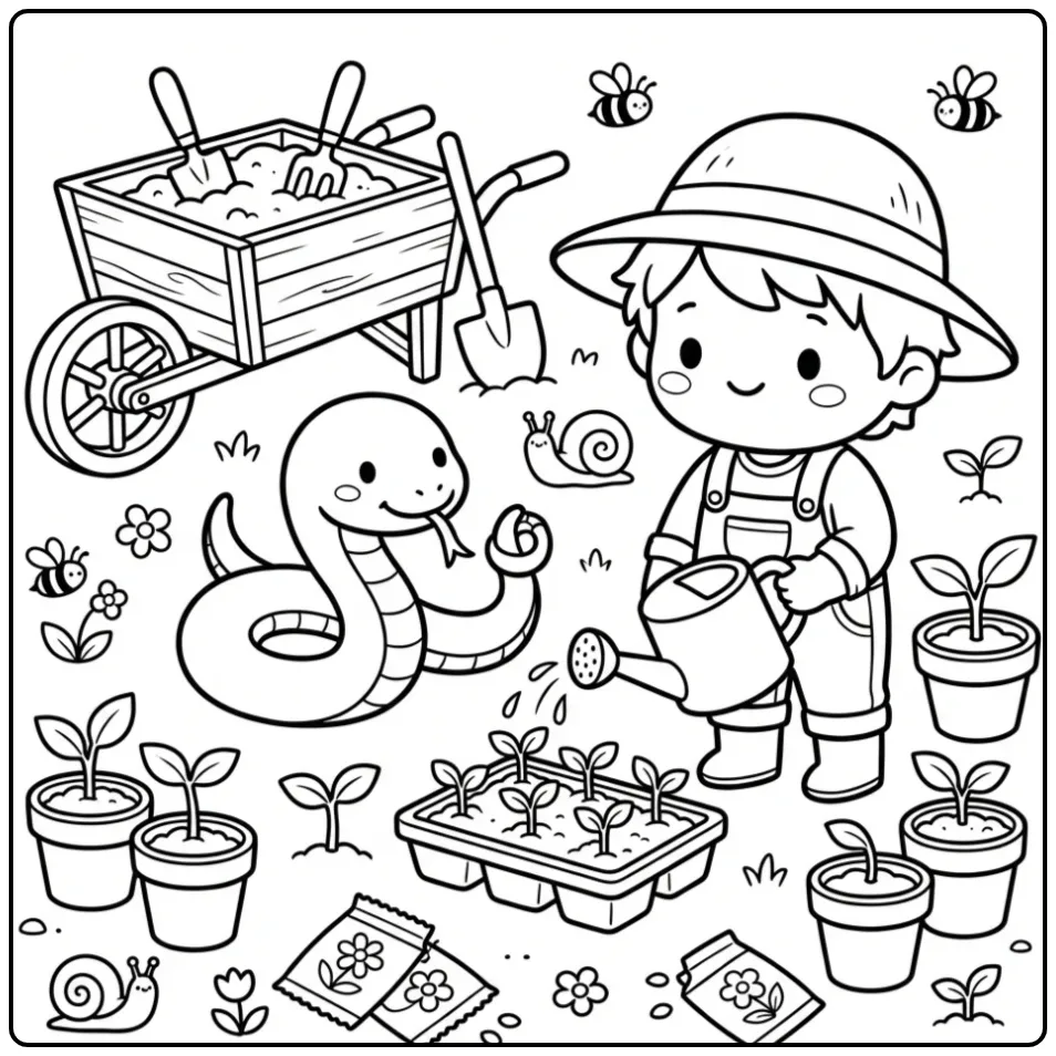 Schattige kleurplaat slang helpt tuinieren met gieter en potjes.
