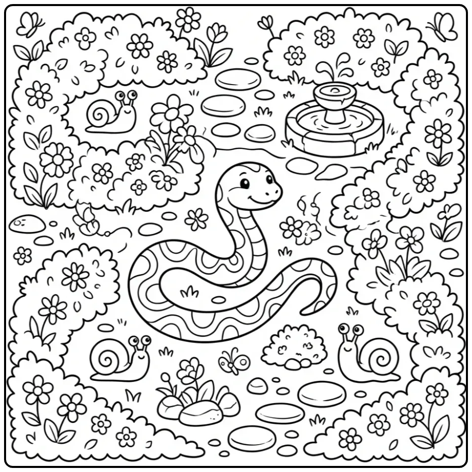 Kleurplaat slang kronkelend door een tuindoolhof met slakken.