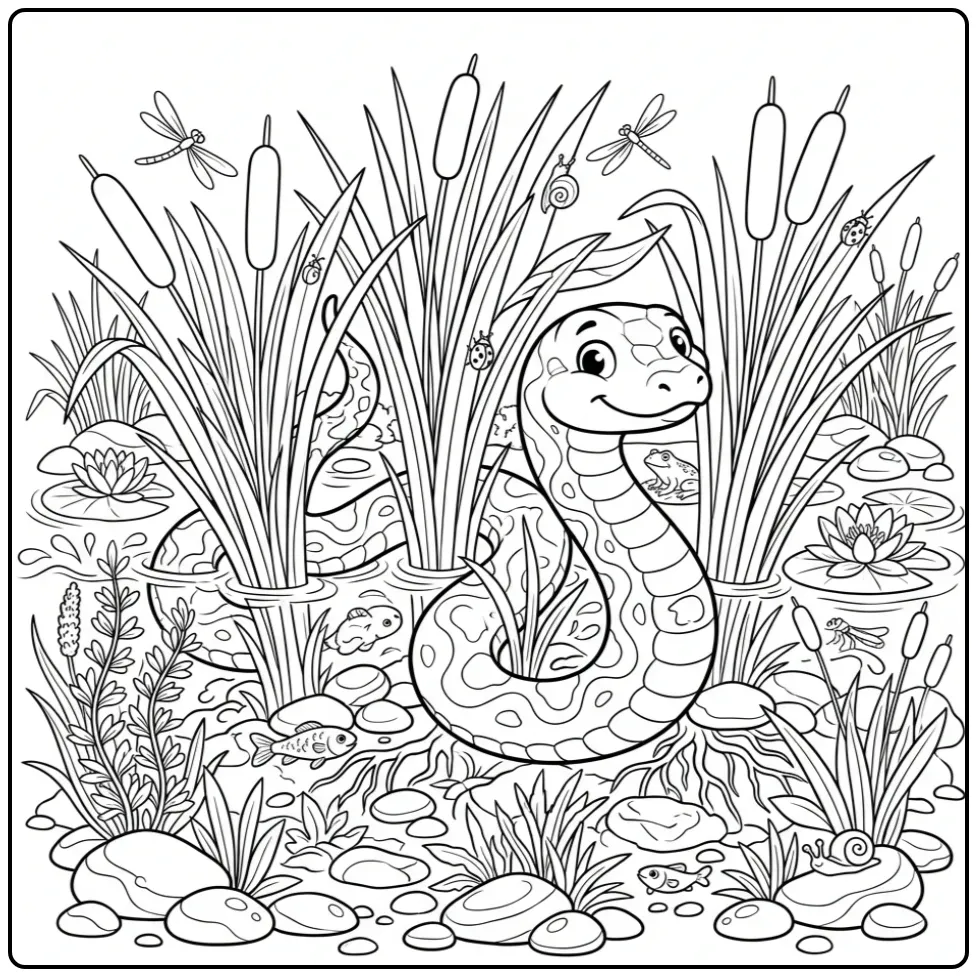 Kleurplaat slang moeilijk tussen riet en waterplanten.