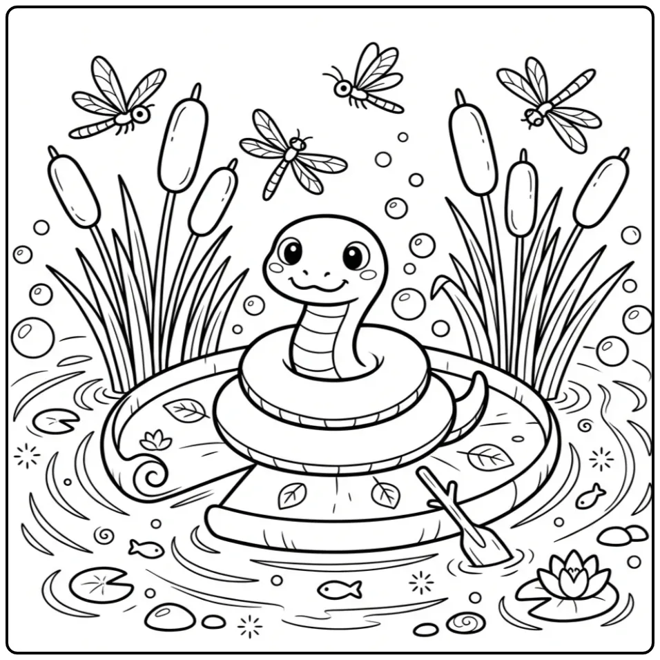 Schattige kleurplaat slang varend op een lelieblad.