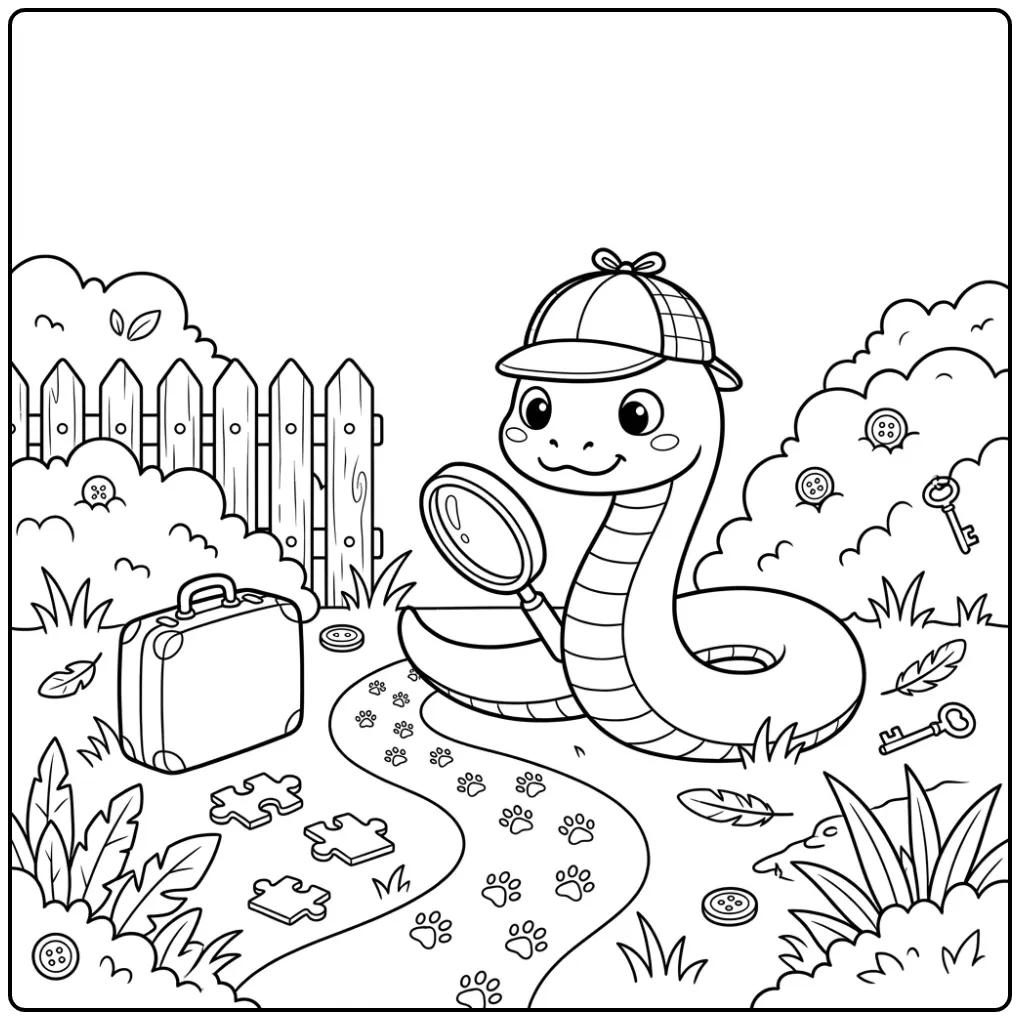 Een leuke kleurplaat slang als detective met een vergrootglas.