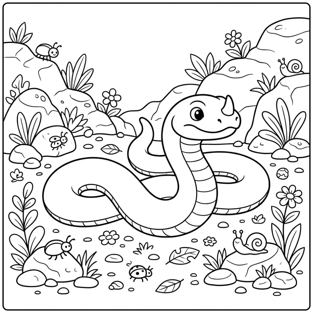 Een leuke kleurplaat slang van een adder op de rotsen.