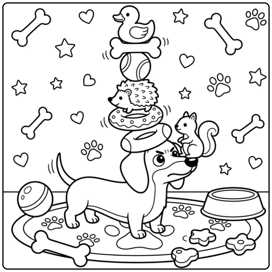 Schattige kleurplaat teckel pup met speelgoed toren.
