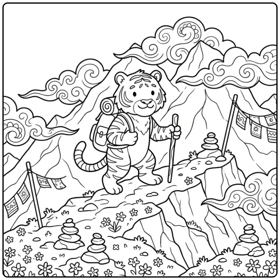 Avontuurlijke kleurplaat tijger wandelend op een bergrug.