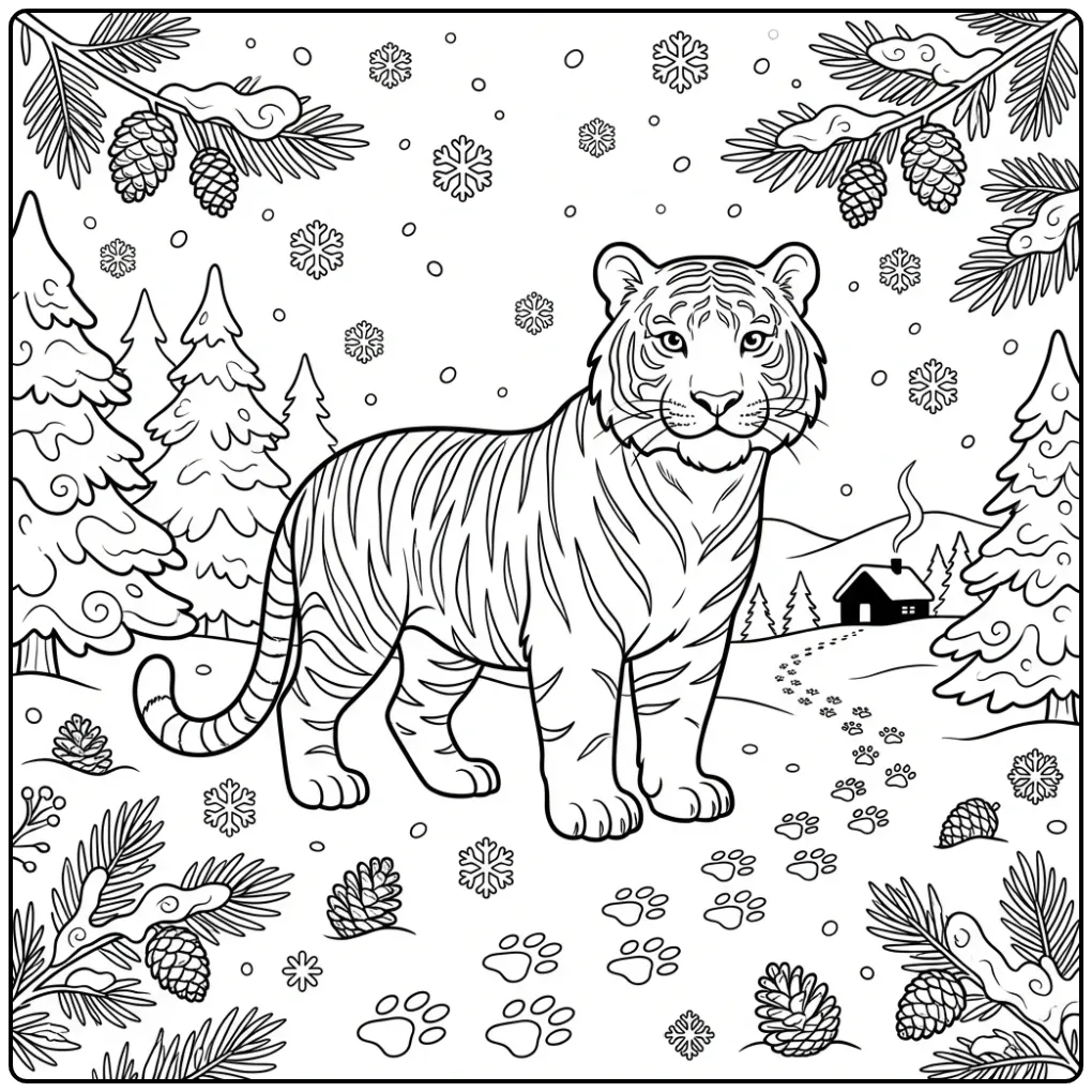 Winterse kleurplaat tijger in een besneeuwd dennenbos.