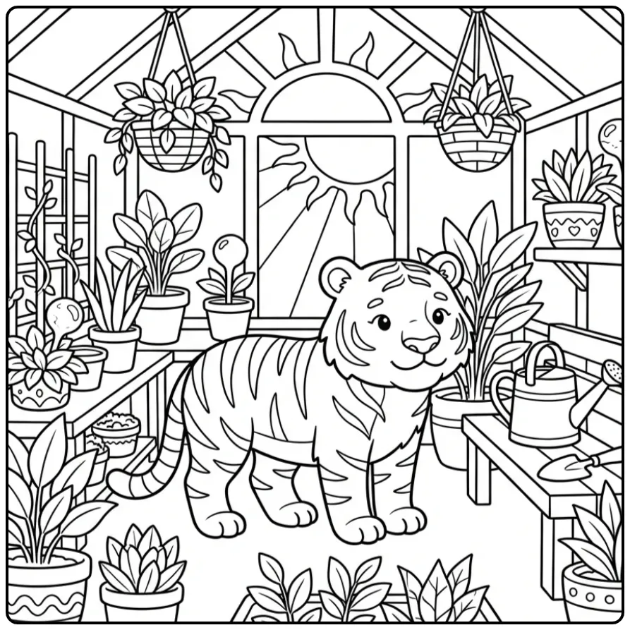 Schattige kleurplaat tijger in een kas met planten.