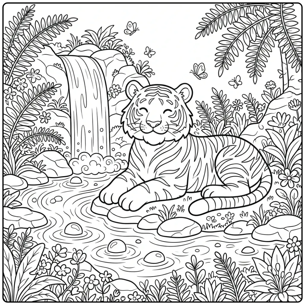 Een gedetailleerde kleurplaat tijger moeilijk in de jungle