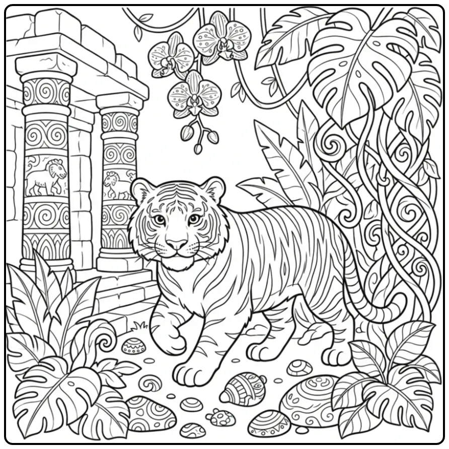 Gedetailleerde kleurplaat tijger moeilijk in de jungle.