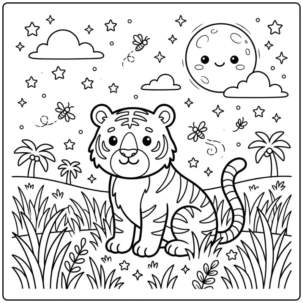 Magische kleurplaat tijger in het gras onder de maneschijn.