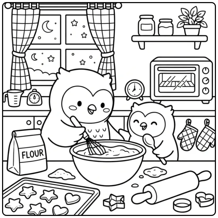 Leuke kleurplaat uil van twee uiltjes die samen bakken