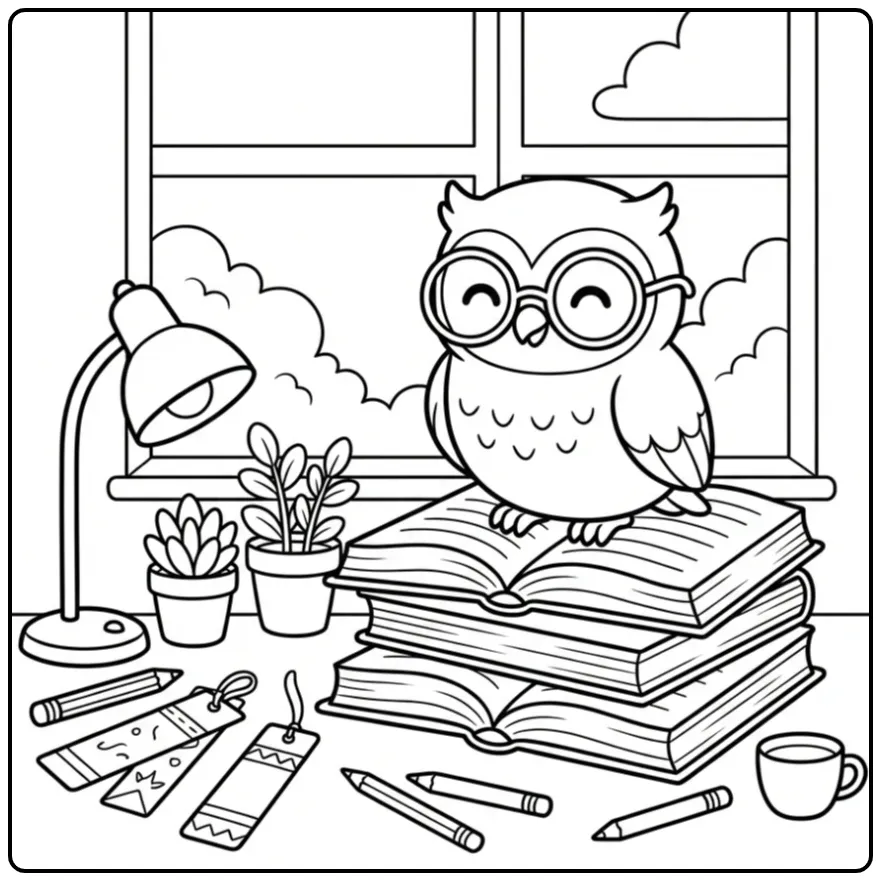 Vrolijke kleurplaat uil met bril op een stapel boeken.
