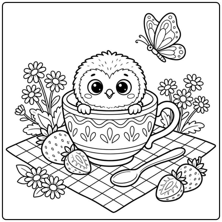 Schattige kleurplaat uiltje in theekopje met aardbeien