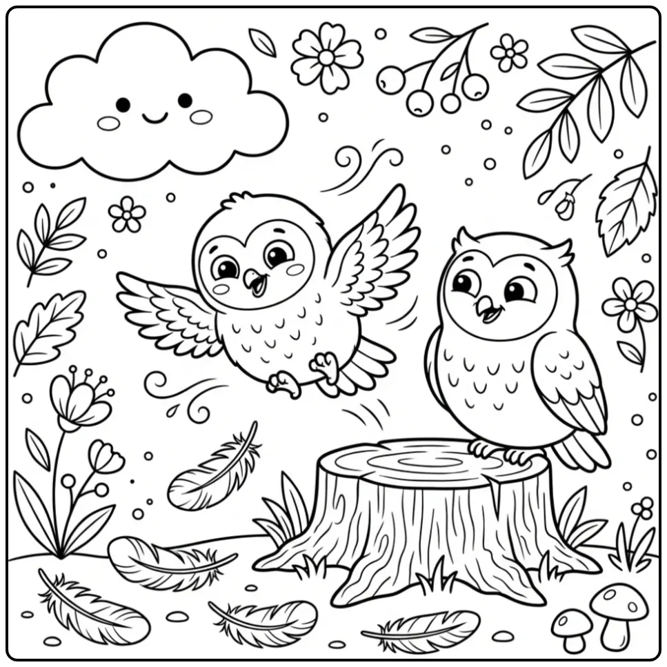 Schattige kleurplaat uiltje leert vliegen bij boomstronk