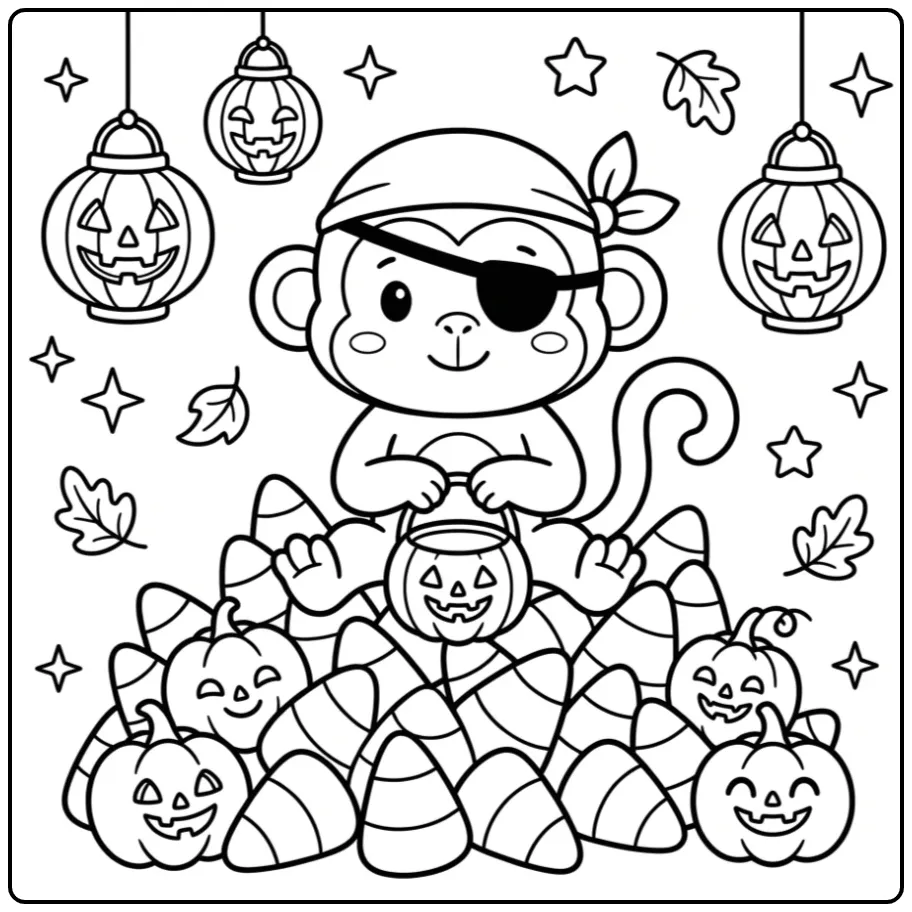 Download deze Kleurplaat van een aap voor Halloween met snoep.