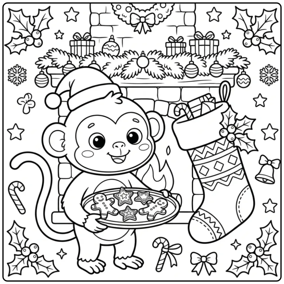 Kleurplaat van een aap voor Kerstmis met koekjes en kous