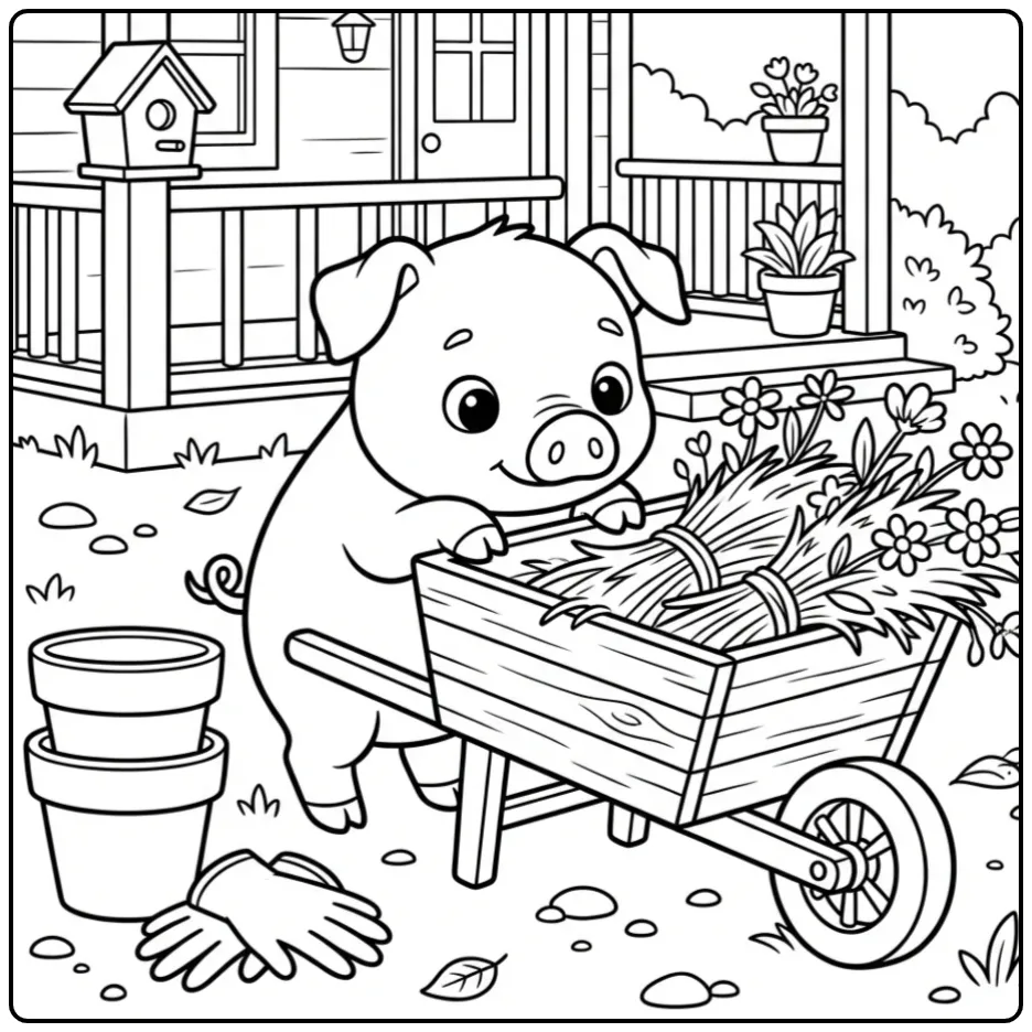 Schattige kleurplaat varken bij een kruiwagen vol stro en bloemen