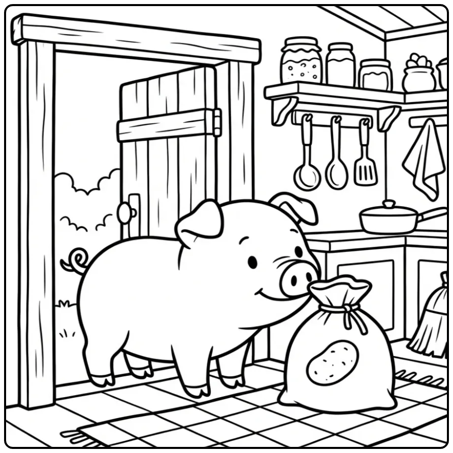 Een schattige kleurplaat varken ruikt aan aardappels