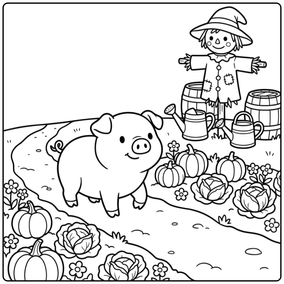 Leuke kleurplaat varken wandelt langs pompoenen en groenten.