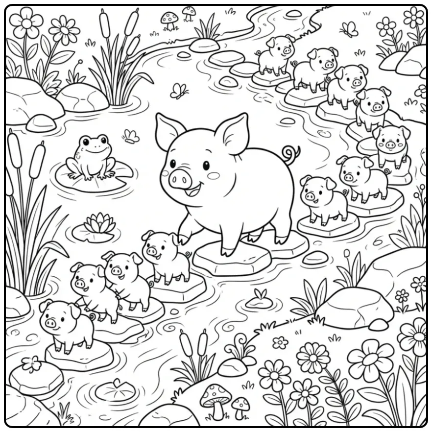 Schattige kleurplaat varken met biggetjes op stapstenen