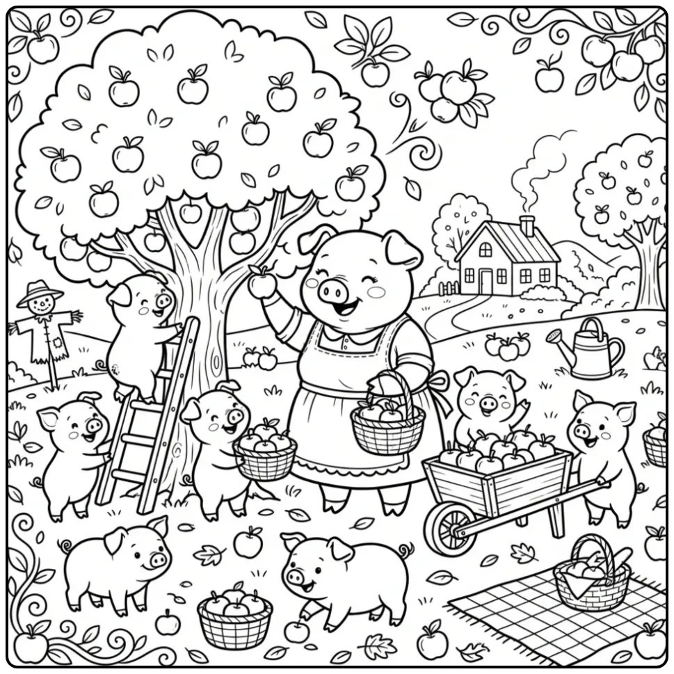 Leuke kleurplaat varken met biggetjes bij de appelboom
