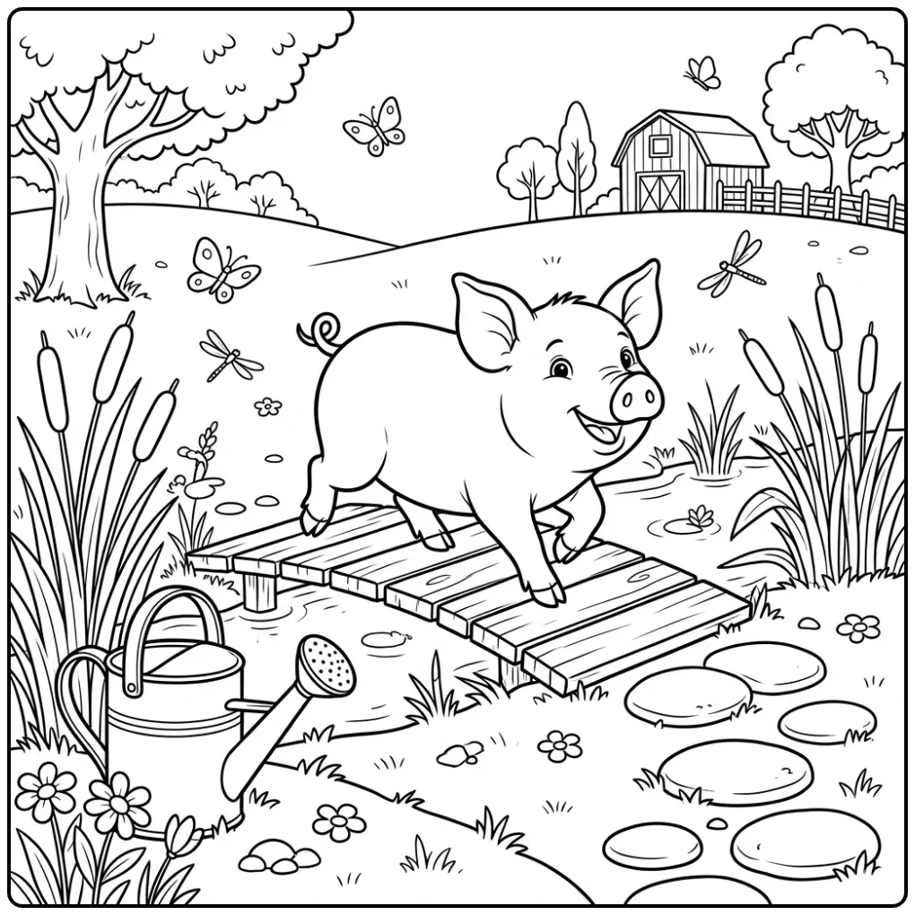 Een schattige kleurplaat varken bij een vijverbruggetje.