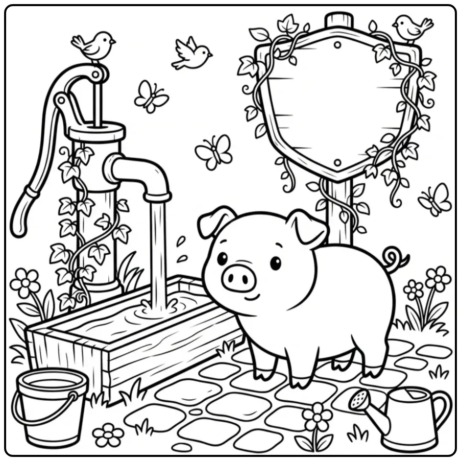 Leuke kleurplaat varken bij een waterpomp en stenen trog.