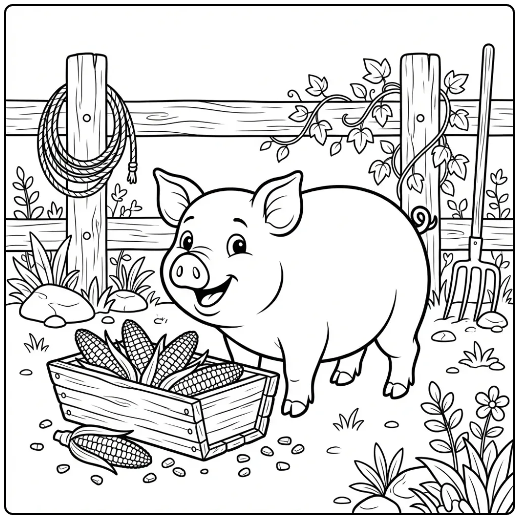 Vrolijke kleurplaat varken bij een houten trog met maïs.