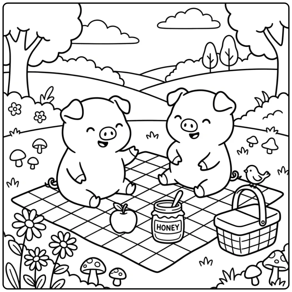 Schattige kleurplaat varken met biggetjes die picknicken.