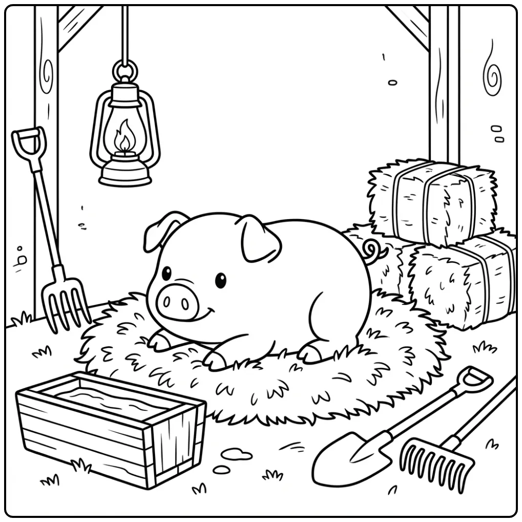 Lieve kleurplaat varken slapend in het zachte stro.