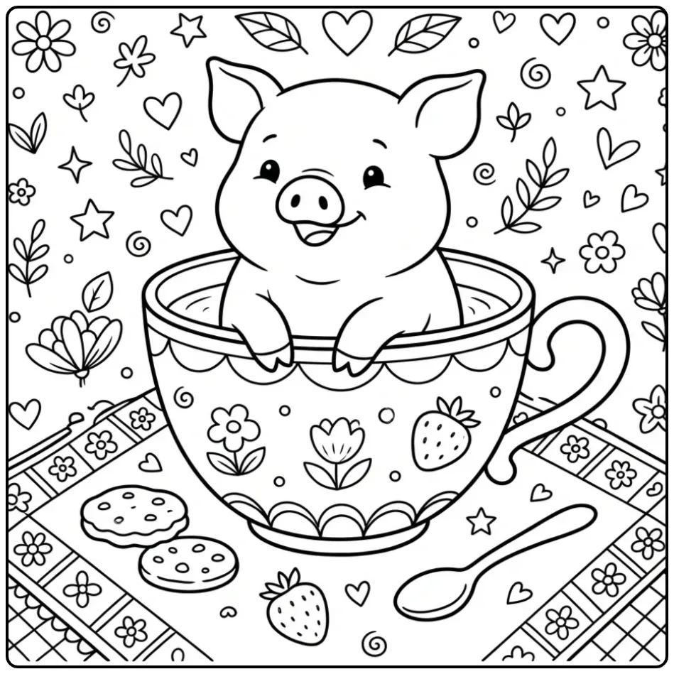 Een kleurplaat varken schattig in een theekopje met koekjes.
