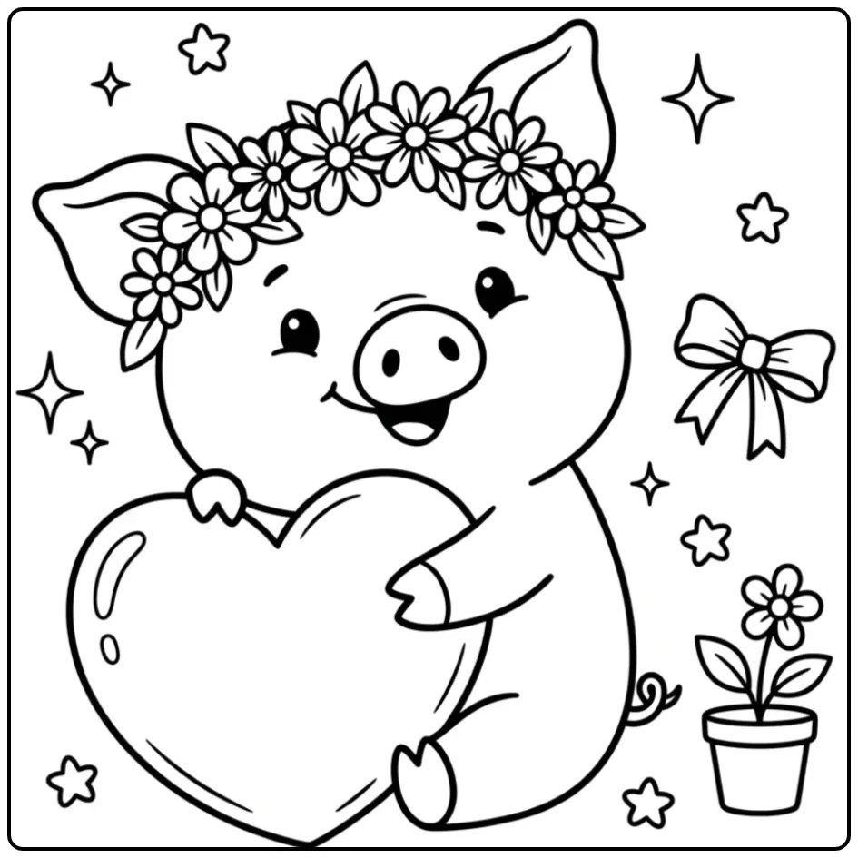 Kleurplaat varken schattig met een groot hartkussen.