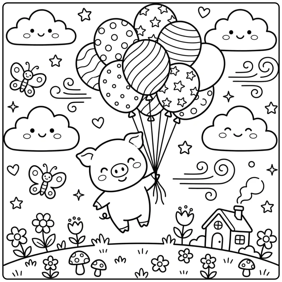 Mooie kleurplaat varken schattig vliegend aan ballonnen.