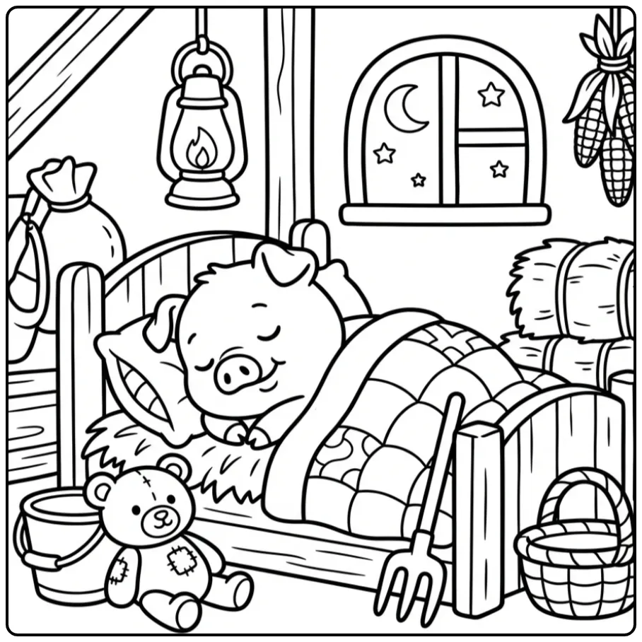 Schattige kleurplaat varken slapend in een stal met stro.