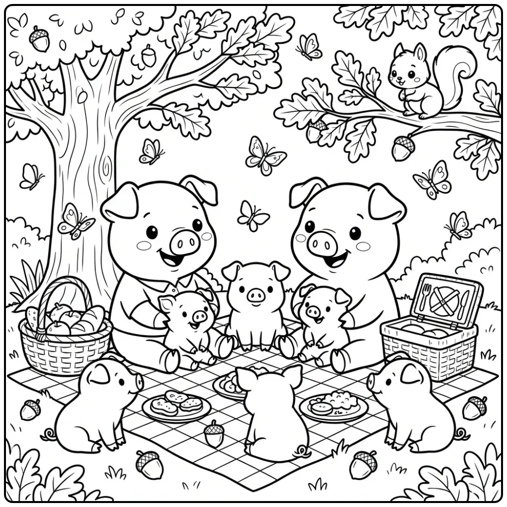 Een vrolijke kleurplaat varkens familie aan het picknicken