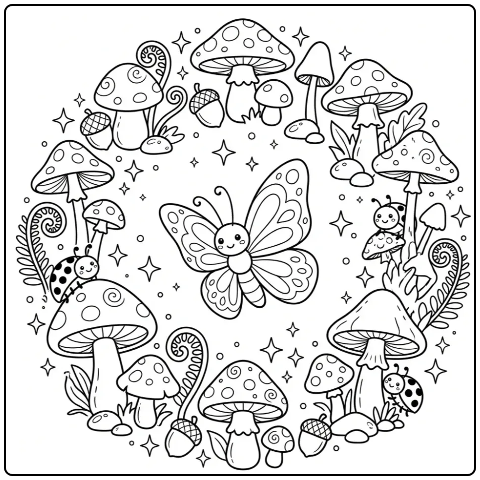 Magische kleurplaat vlinder in een cirkel van paddenstoelen