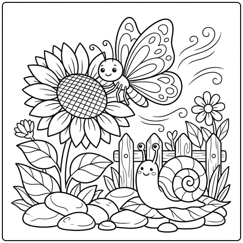 Een vrolijke kleurplaat vlinder op een zonnebloem met slak.