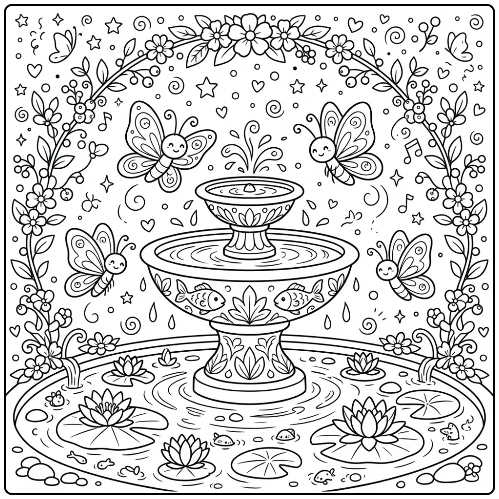 Vier vlinders bij een fontein op deze kleurplaat vlinder moeilijk.