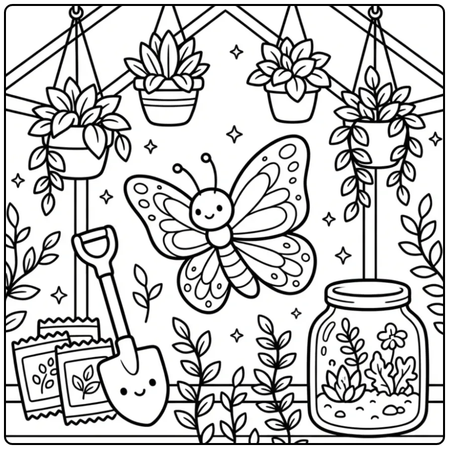 Schattige kleurplaat vlinder in een kas met planten en schepje