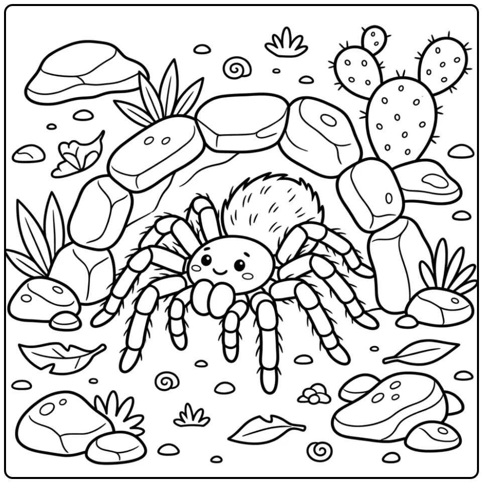 Schattige kleurplaat vogelspin die uit een hol kruipt.