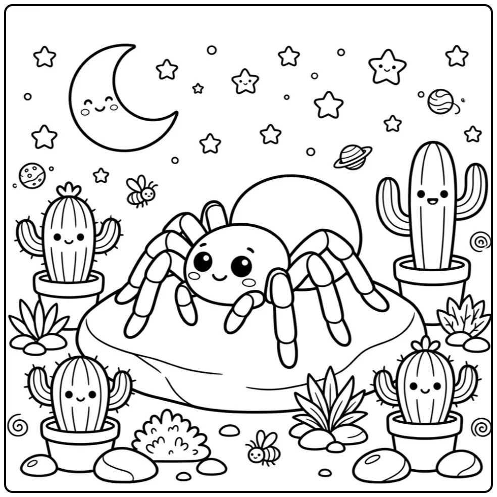 Schattige kleurplaat vogelspin op een steen in de woestijn.