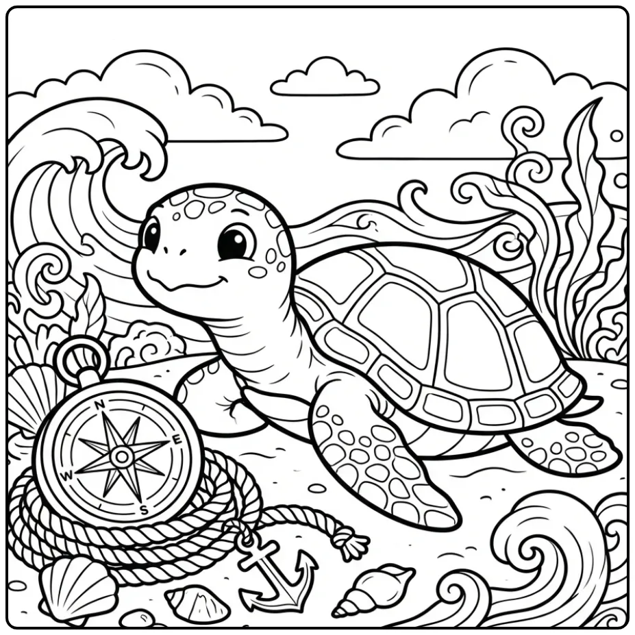 Nautische kleurplaat volwassenen schildpad met kompas