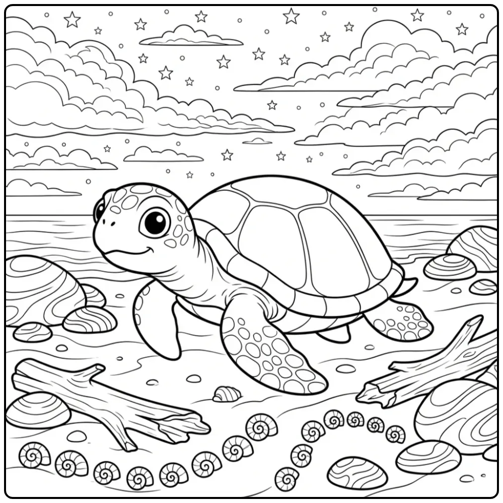 Kleurplaat volwassenen schildpad op een rustig strand.